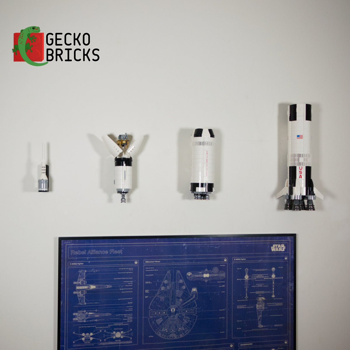LEGO® Ideas NASA Apollo Saturn V 92176 / 21309 floating on the wall with premium wall mount - view 5