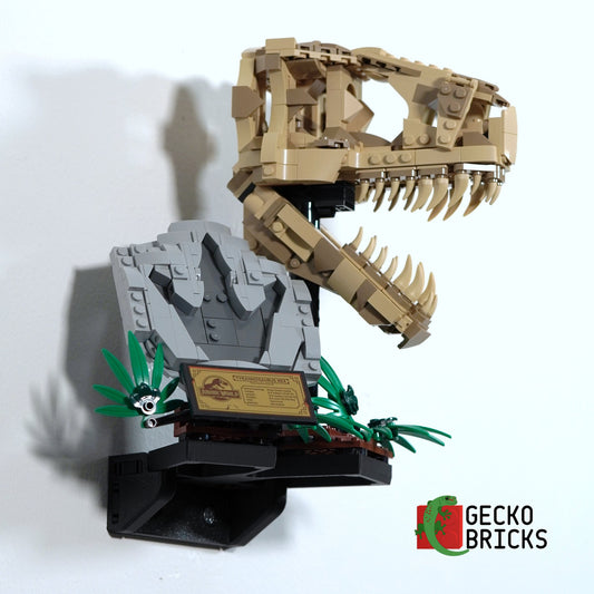 LEGO® Jurassic World Jurassic Park T. rex Skelet 76964 zwevend aan de muur met premium wandbeugel - aanzicht 2