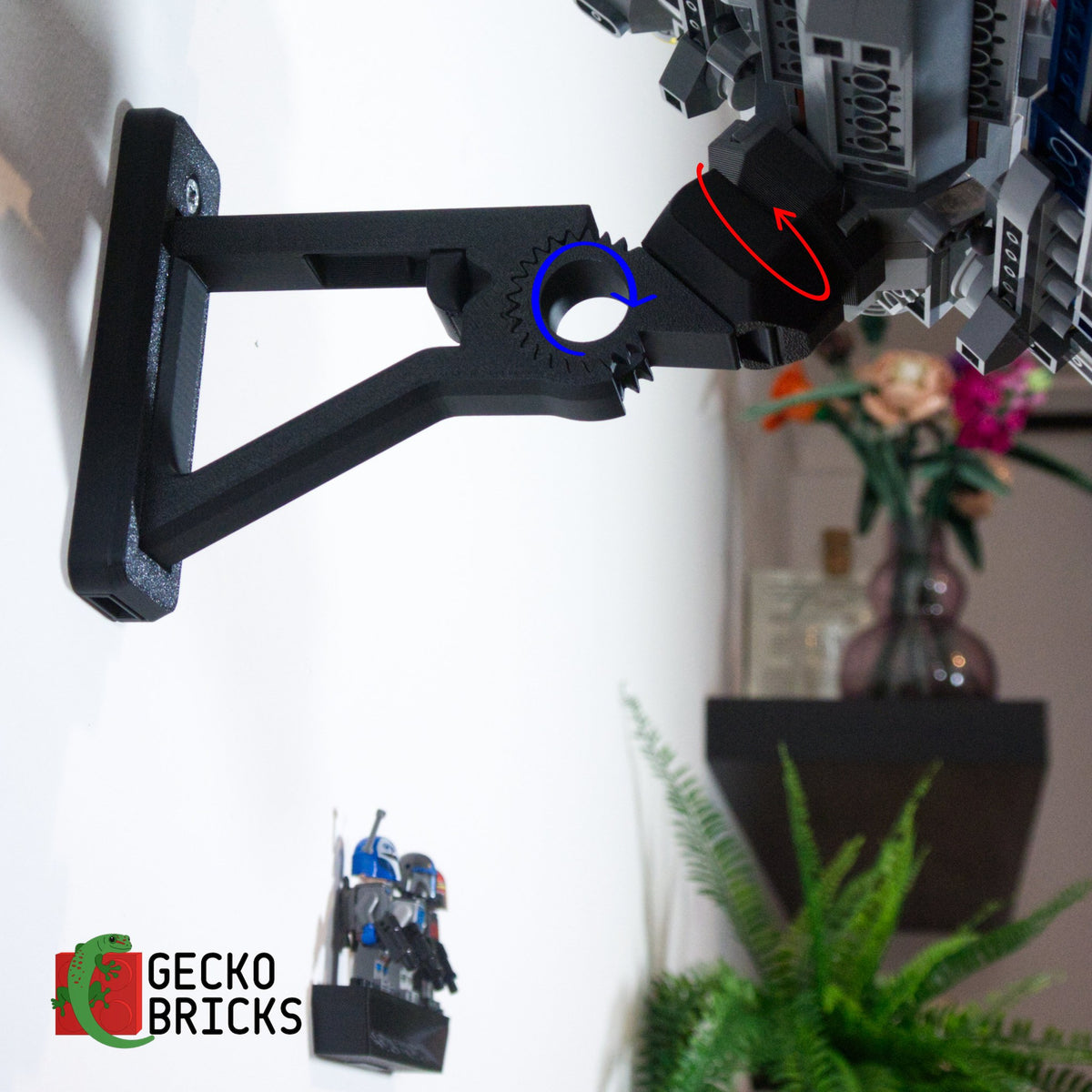 LEGO® Star Wars Mandalorian Starfighter 75316 zwevend aan de muur met premium wandbeugel - aanzicht 6